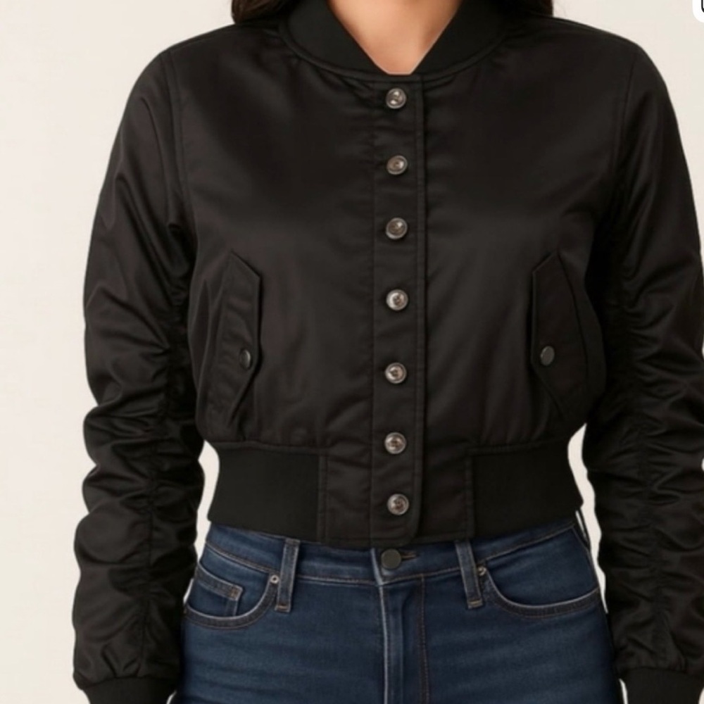 Choosy Black Satin Cropped Bomber Jacket Size 16 NWT
